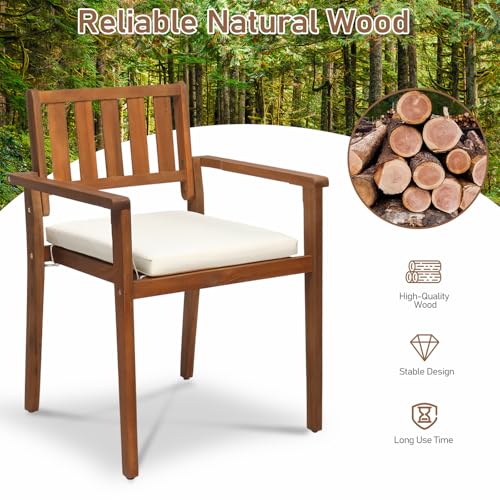Outvita Stackable Patio Dining Chairs Set of 4, Durable Acacia Wood Outdoor Chairs with Removeable Cushions and Comfortable Armrests for Porch