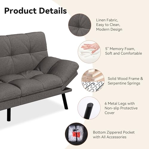 Faux Leather Futon Sofa Bed,Convertible Futon Couch,Memory Foam Loveseat Sleeper Sofa,Small Splitback Modern Folding Couch for Living Room,Office
