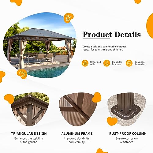 YOLENY 10'x13' Hardtop Gazebo, Outdoor Polycarbonate Double Roof Canopy, Aluminum Frame Permanent Pavilion with Curtains and Netting