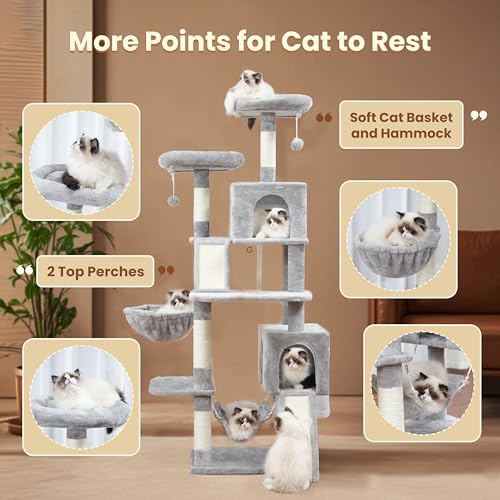 Cat Tree for Indoor Cats, 71'' (180cm) Multi-Level Cat Tower for Large Adult, Sturdy Cat Tree House with 2 Scratching Boards 7 Posts
