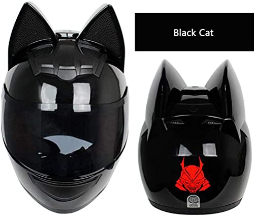 WANGFENG Cat Ear Motorcycle Helmet, Men and Women Cool Cute Full Face Cat Helmet