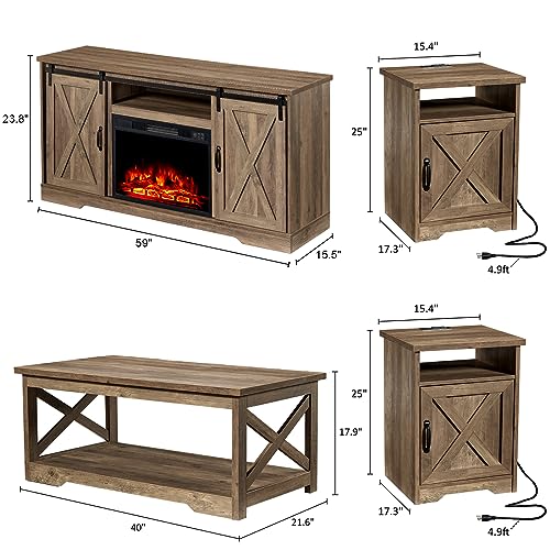 AMERLIFE 5-Piece Farmhouse Table Set Includes Fireplace TV Stand, Coffee Table& Two End Tables with Charging Station and USB Ports, for Living Room