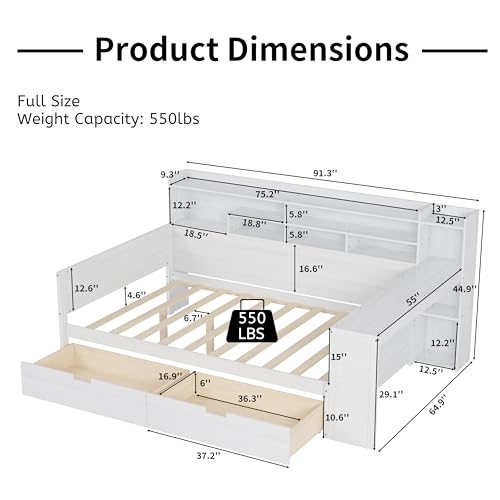 Corner Twin Bed Frame with Bookcase Storage and Desk, Wood Day Beds with 2 Drawers, Twin Size Daybed with Storage for Living Room
