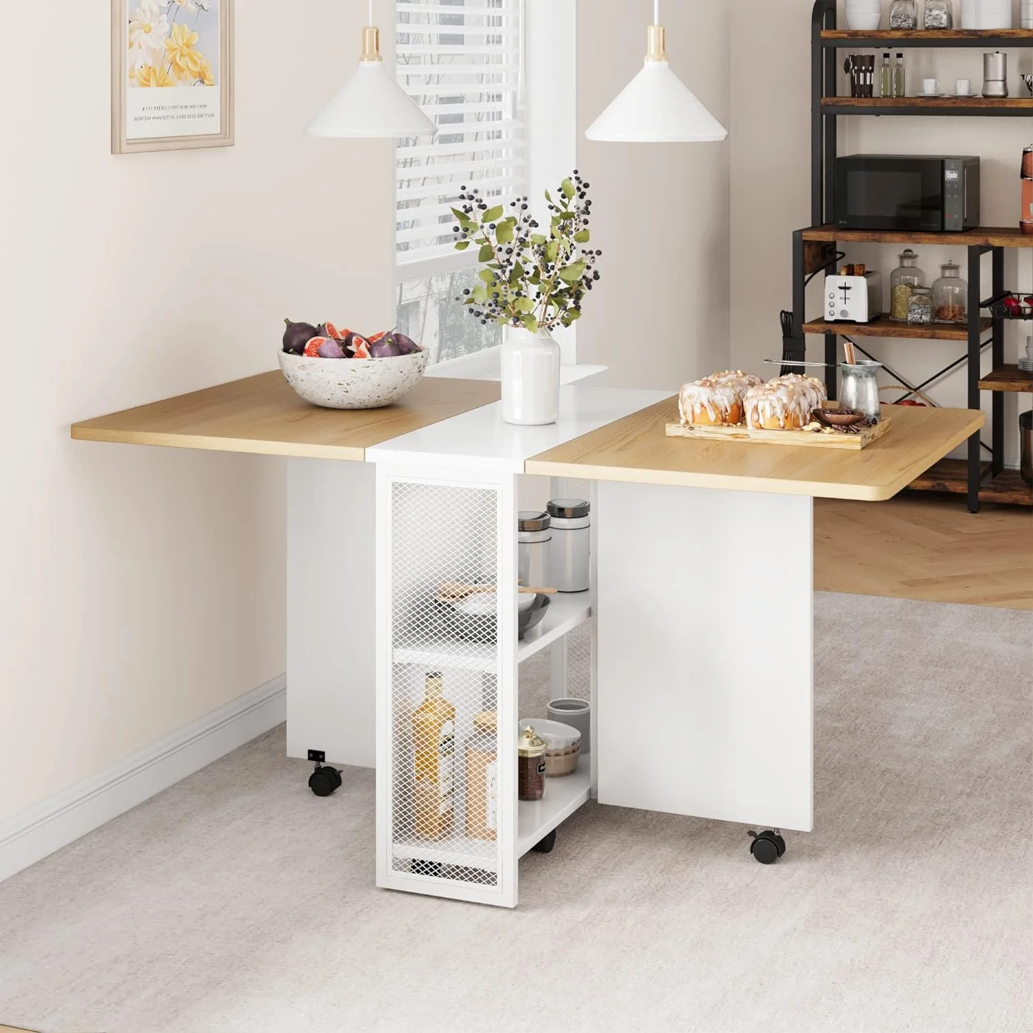RUNFAYBIU Space Saving Folding Dining Table with 2 Tier -Extendable Drop Leaf Farmhouse Wood Kitchen Dining Room Tables Set for 4  Collapsible