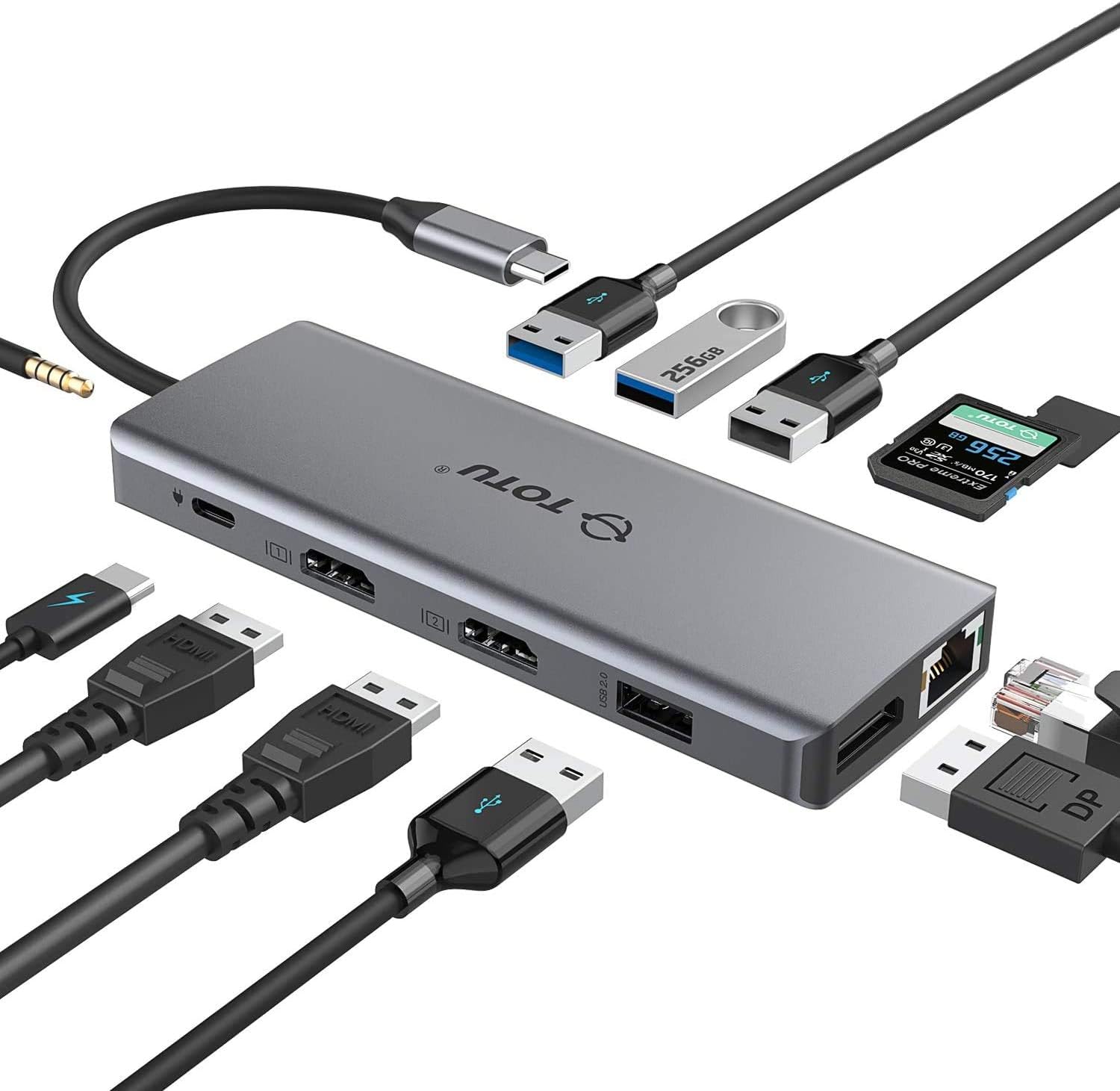 USB C HUB, Upgraded TOTU 13 in 1 Type C Hub Dongle Adapter (4K Dual HDMI&DP,75W PD)