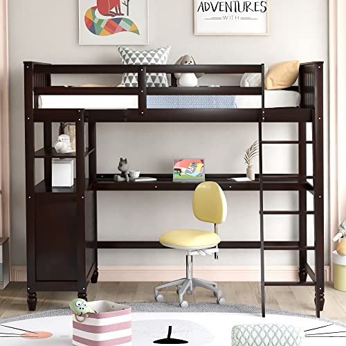 Harper & Bright Designs Full Loft Bed with Desk and Wardrobe,Solid Wood Loft Bed Frame Full with Storage Drawers for Kids Teens Adults