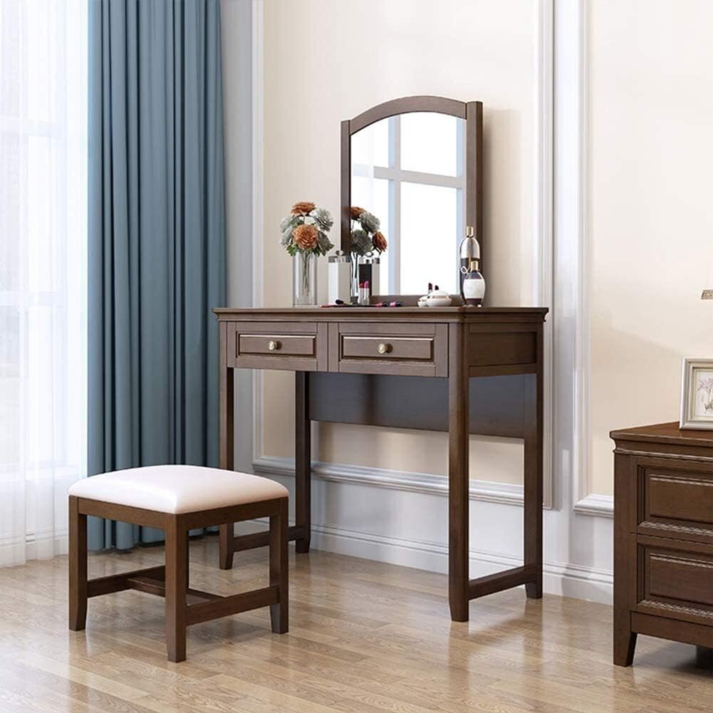 Luxury Dressing Vanity Table w/Stool for Bedroom, Antique Vanity Table Set with Mirror, 2 Drawers, Solid Wood Legs, Cushioned Stool