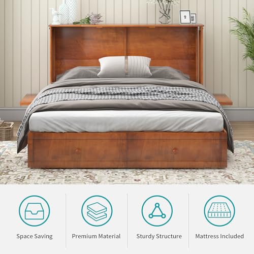 BALUS Queen Murphy Bed Cabinet, Murphy Beds with USB Charging Station, Foldable Mattress