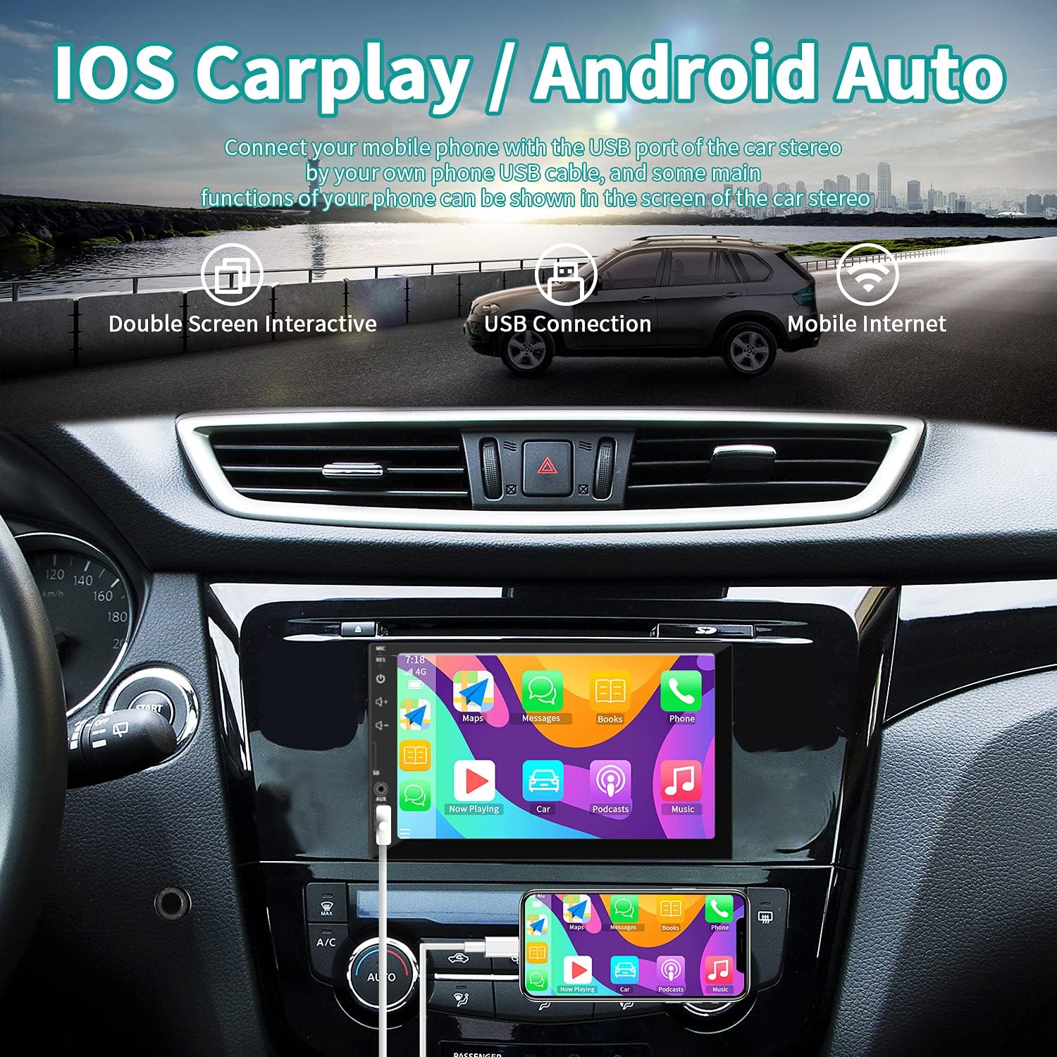 Double Din Car Stereo Radio Audio Receiver Compatible with Carplay, Android Auto, Mirror Link, 7 Inch Full Touchscreen Car Stereo