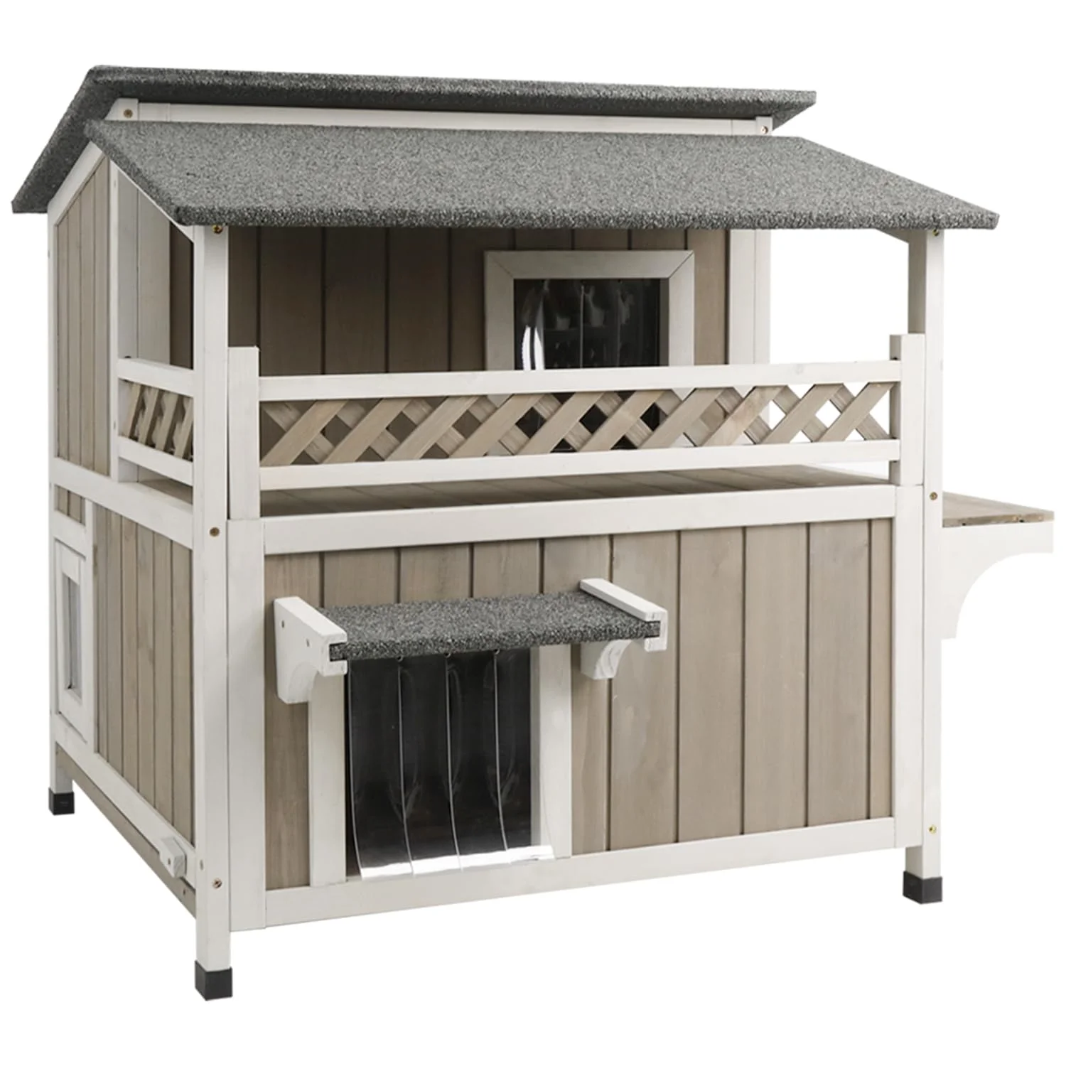 PETSCOSSET Cat House Outdoor 2-Story Wooden Kitty Shelter with Balcony, Gray - Radiant Selections