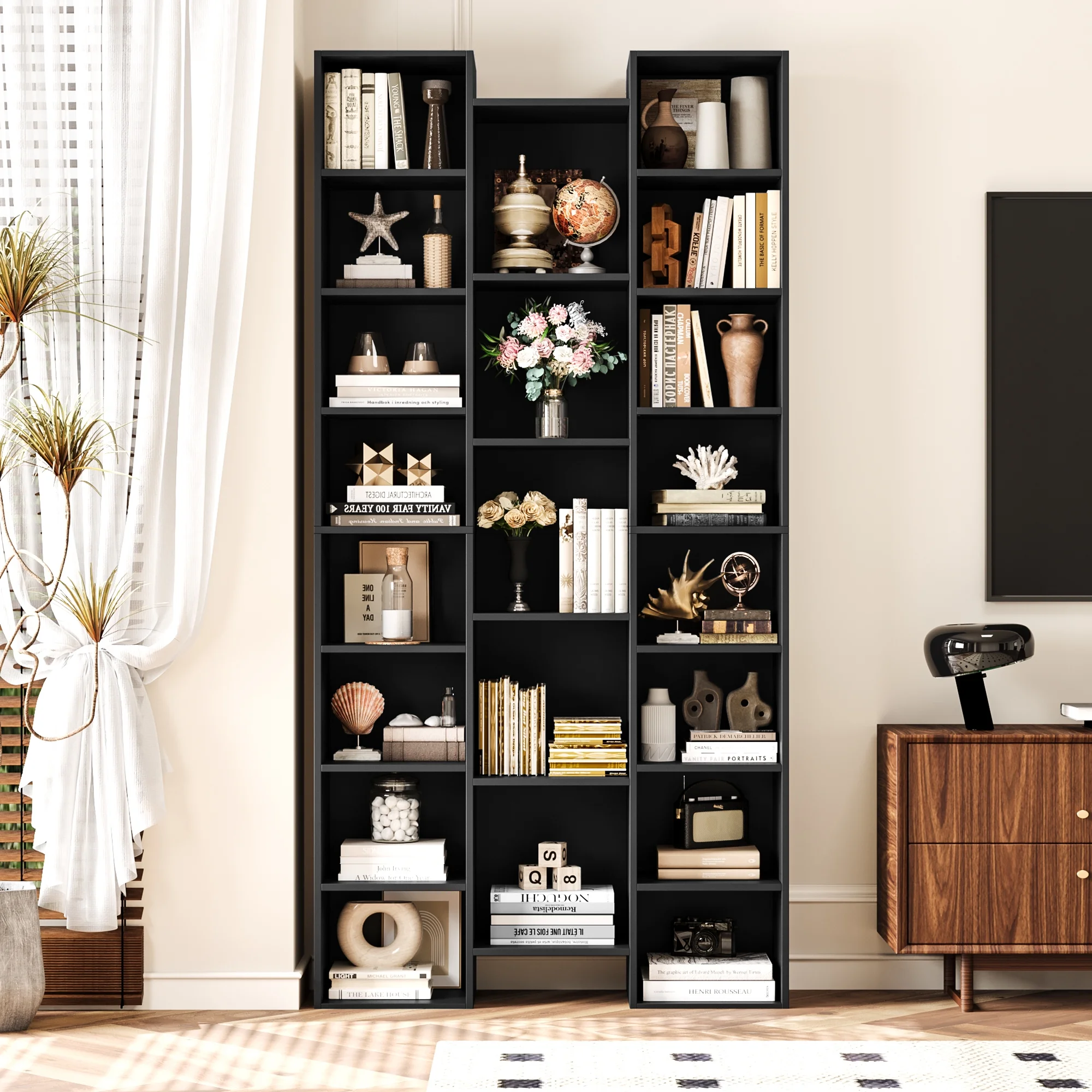 Homfa 21-Cube Bookcase and Bookshelves with Adjustable Shelves, Triple Width Open CD Display Storage Rack, Black