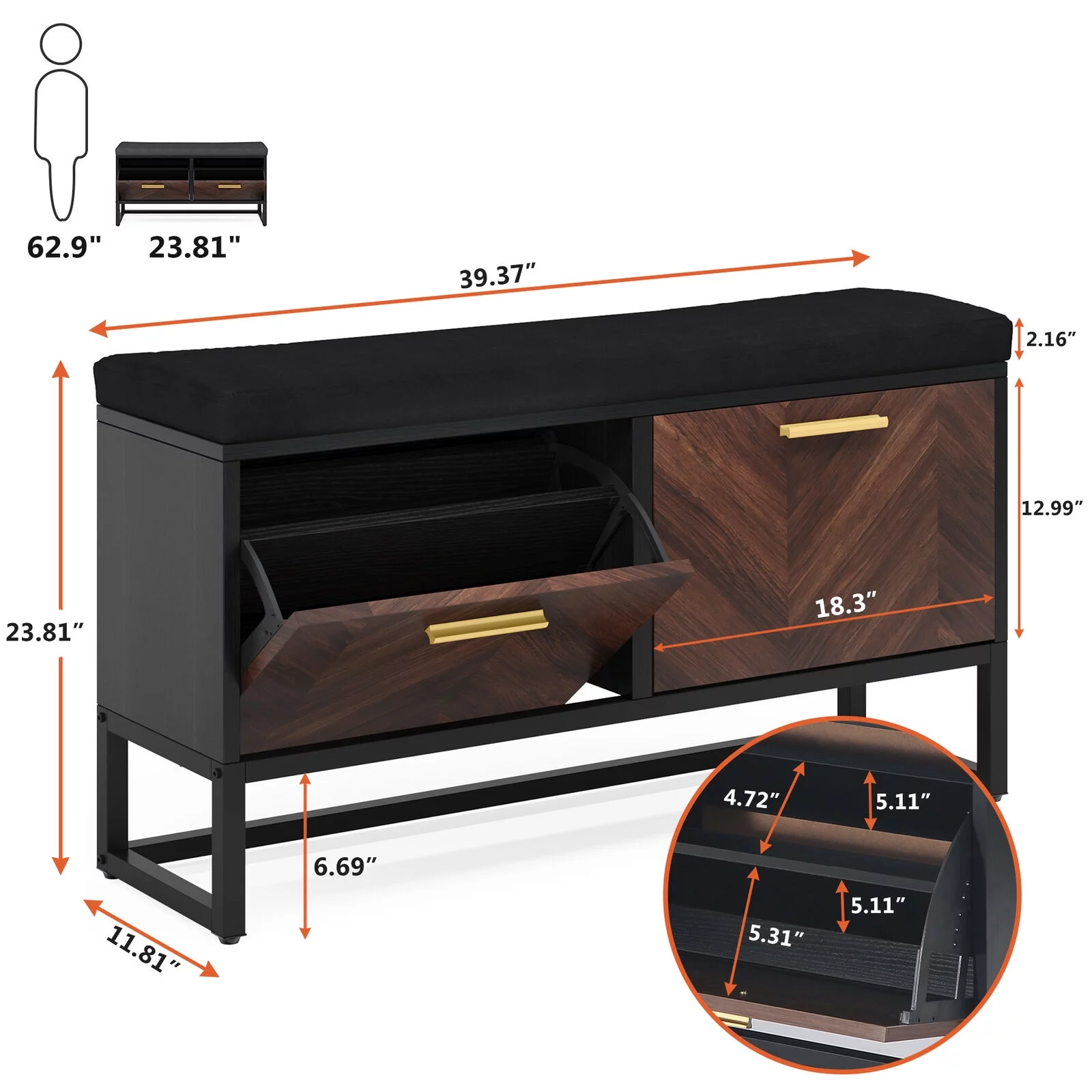 Tribesigns Shoe Storage Bench with Cushion & 2 Flip Drawers Entryway Hidden Shoe Storage with Adjustable Shelves, Brown & Black