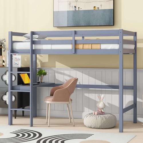 Low Loft Bed Twin Size, Kids Solid Wood Modern Loft Bed Frame with Ladder and Safety Guardrail for Girls Boys, Noise-Free,Non-Toxic Finishes