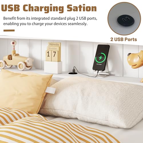 Twin Size Platform Bed with Bookcase Headboard, USB Charging Station and Downlight,Wood Twin Capatain Bed Frames with 2 Storage Drawers