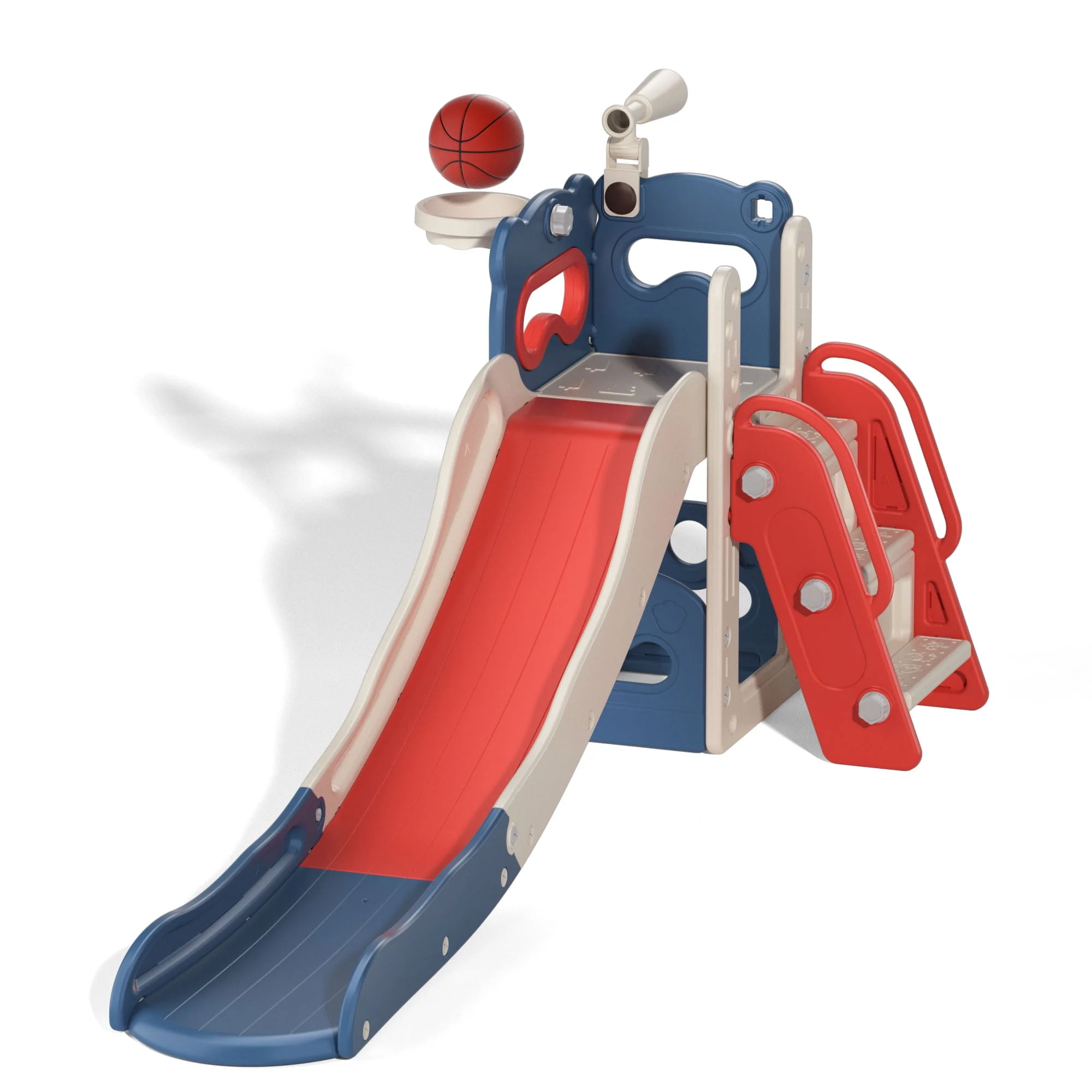 Track 7 5-in-1 Kids Slide and Climber, Freestanding Toddler Playground with Basketball Hoop, Telescope, Ball and Storage Space for Indoor Outdoor, Red