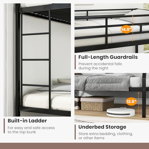 KOMFOTT Twin Over Full Bunk Bed with Trundle, Heavy-Duty Metal Bunk Bed Frame with Guardrail & 2 Ladders, Space-Saving Bunk Bed for Kids/Teens/Adults