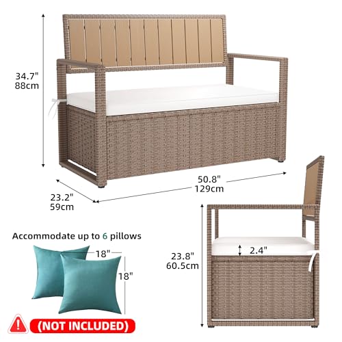 YITAHOME 90 Gallon Outdoor Wicker Storage Bench w/Cushion, Large PE Rattan Deck Storage Box w/Handles & Hydraulics for Patio Furniture, Cushions
