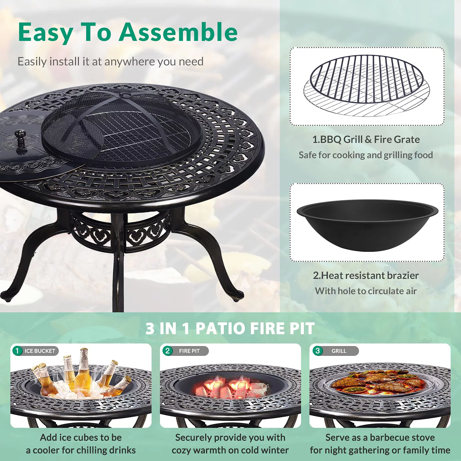 VIVIJASON 5-Piece Outdoor Patio Fire Pit Set, All-Weather Cast Aluminum Conversation BBQ Set, Patio Furniture Set for Balcony Lawn Garden Backyard