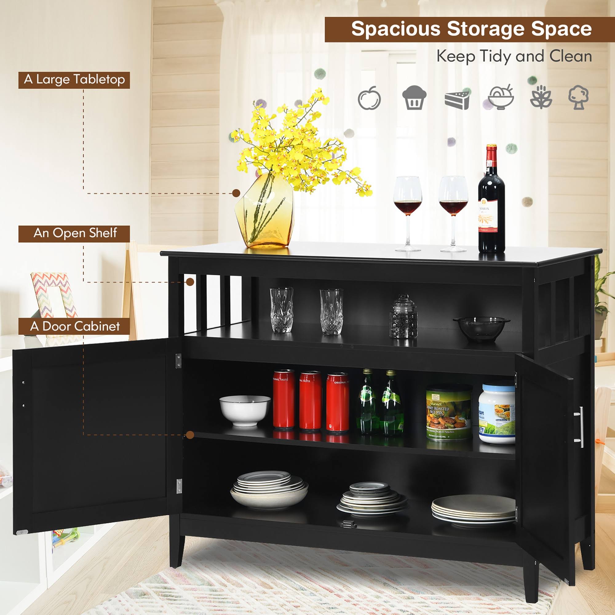 Costway Kitchen Sideboard Buffet Server Cupboard Storage Cabinet w/2 Doors Black