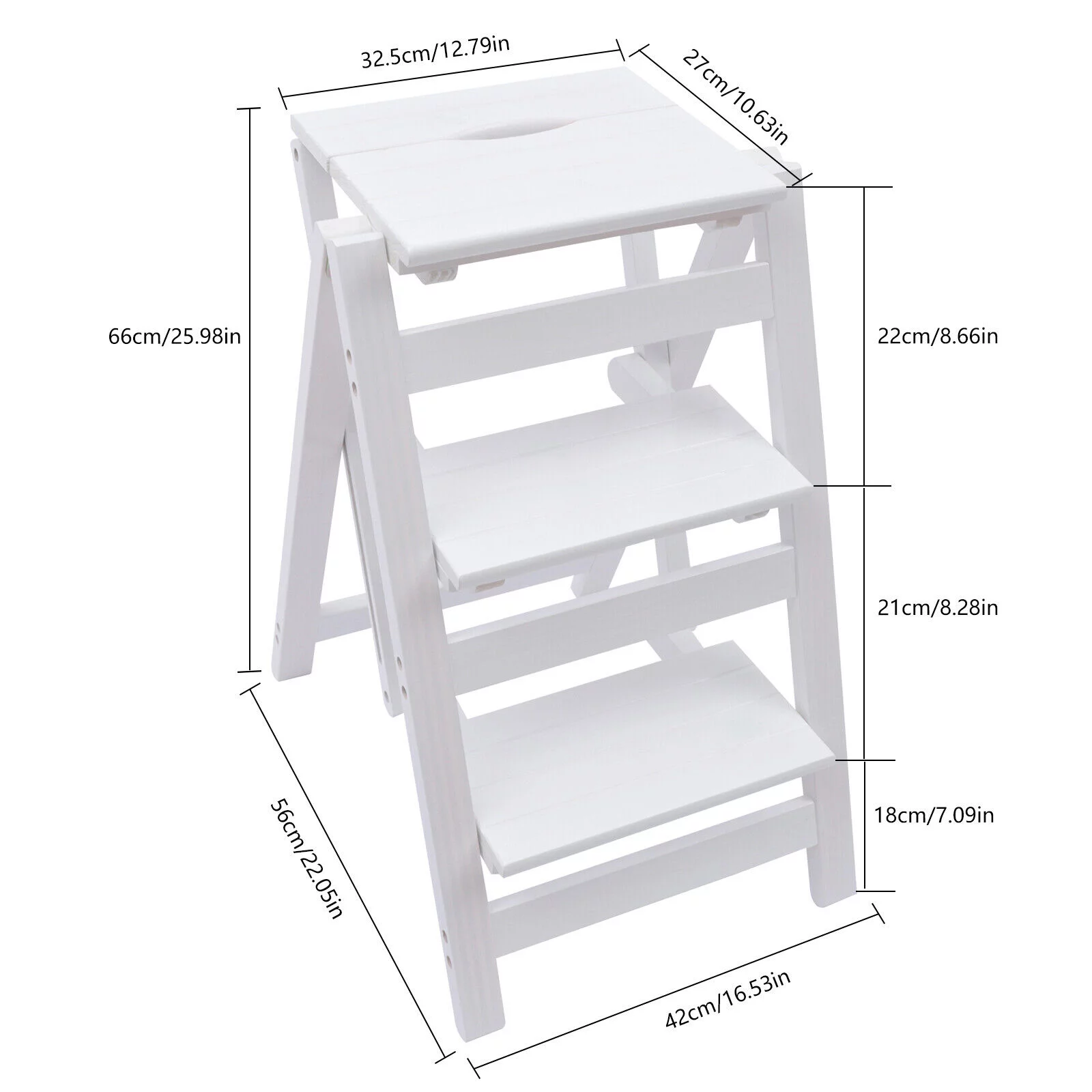 DENEST Folding Step Ladder 3-Layer Folding Wooden Step Stool Anti-Slip White 150kg