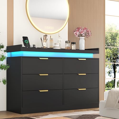 White Dresser with LED Lights, Wooden LED Dresser, 4 Drawer Chest with Charging Station, Tall Chest of Drawer Closet Organizer for Bedroom