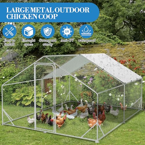 Heavy Duty Walk-in Chicken Coop, Large Metal Poultry Cage with Waterproof UV Cover & Round Top Design