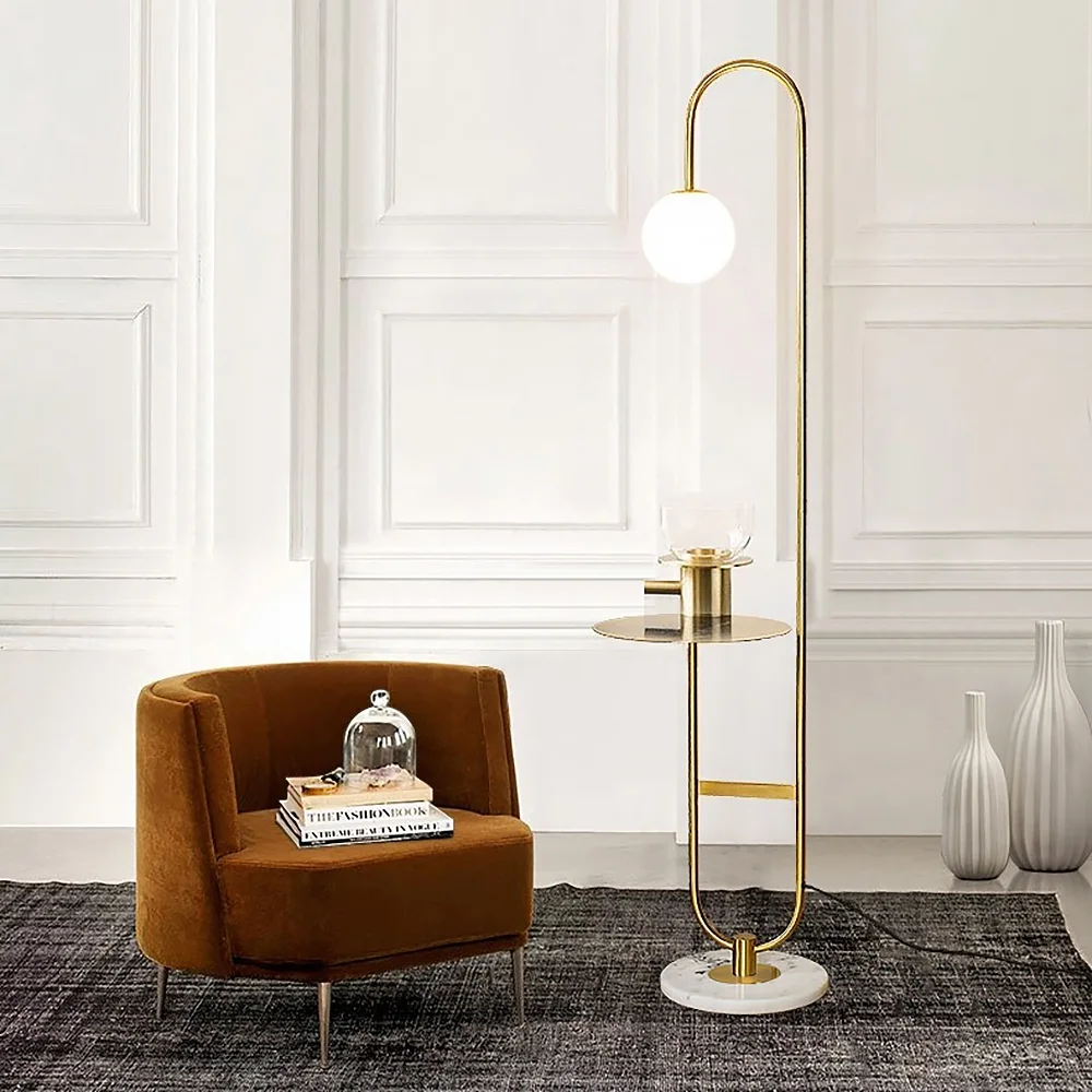 Homary 60" Modern Arc Floor Lamp with Shelf in Gold with Glass Shade & Marble Base for Living room Bedroom and Game Room