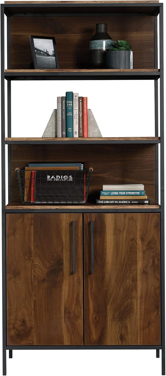 Sauder Nova Loft Bookcase with Doors, L: 33.07 x W: 17.32 x H: 75.98, Grand Walnut Finish