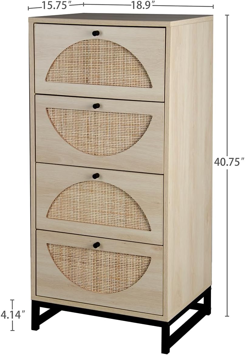 8 Drawers Dresser Storage Tower for Bedroom, Natural Rattan Dresser Modern Closet Dressers Chest of Drawers W/ Steel Legs