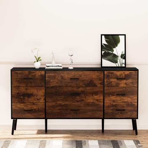 Scurrty 9 Drawer Dresser for Bedroom, White Dresser,Antique Storage Dresser with Wide Drawers, White Handles and Wooden Feet for Bedroom