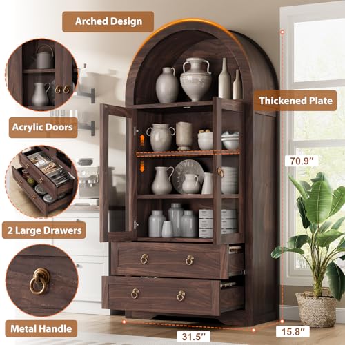 Kitchen Pantry Cabinet, Arched Bookshelf Bookcase China Pantry Storage Cabinet with Drawers Doors and Shelves