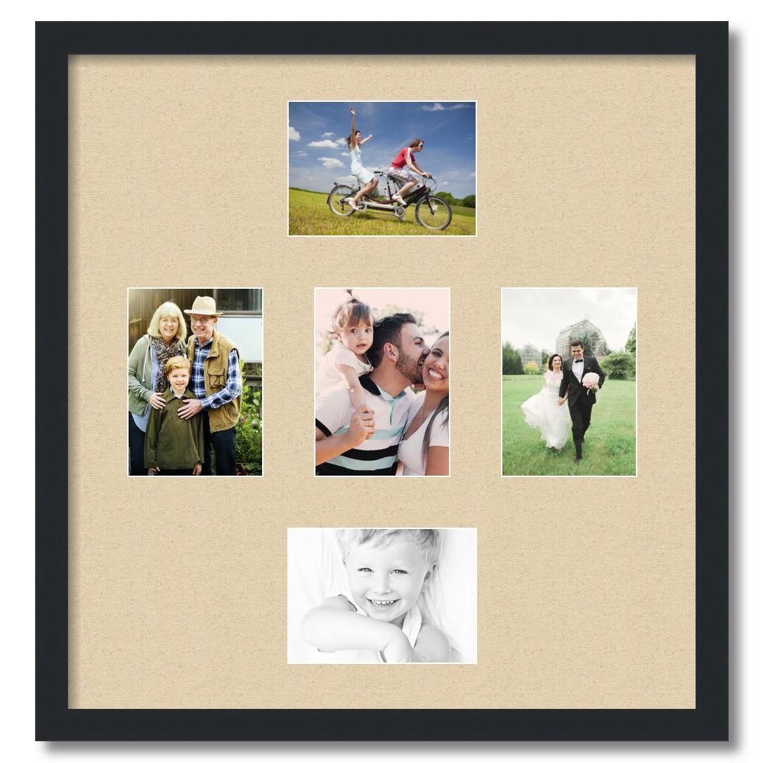 Collage Picture Frame, Satin Black Frame with 5 openings for 5x7 Photos with Grey Seaside Mat. D3926GH329 , ArtToFrames