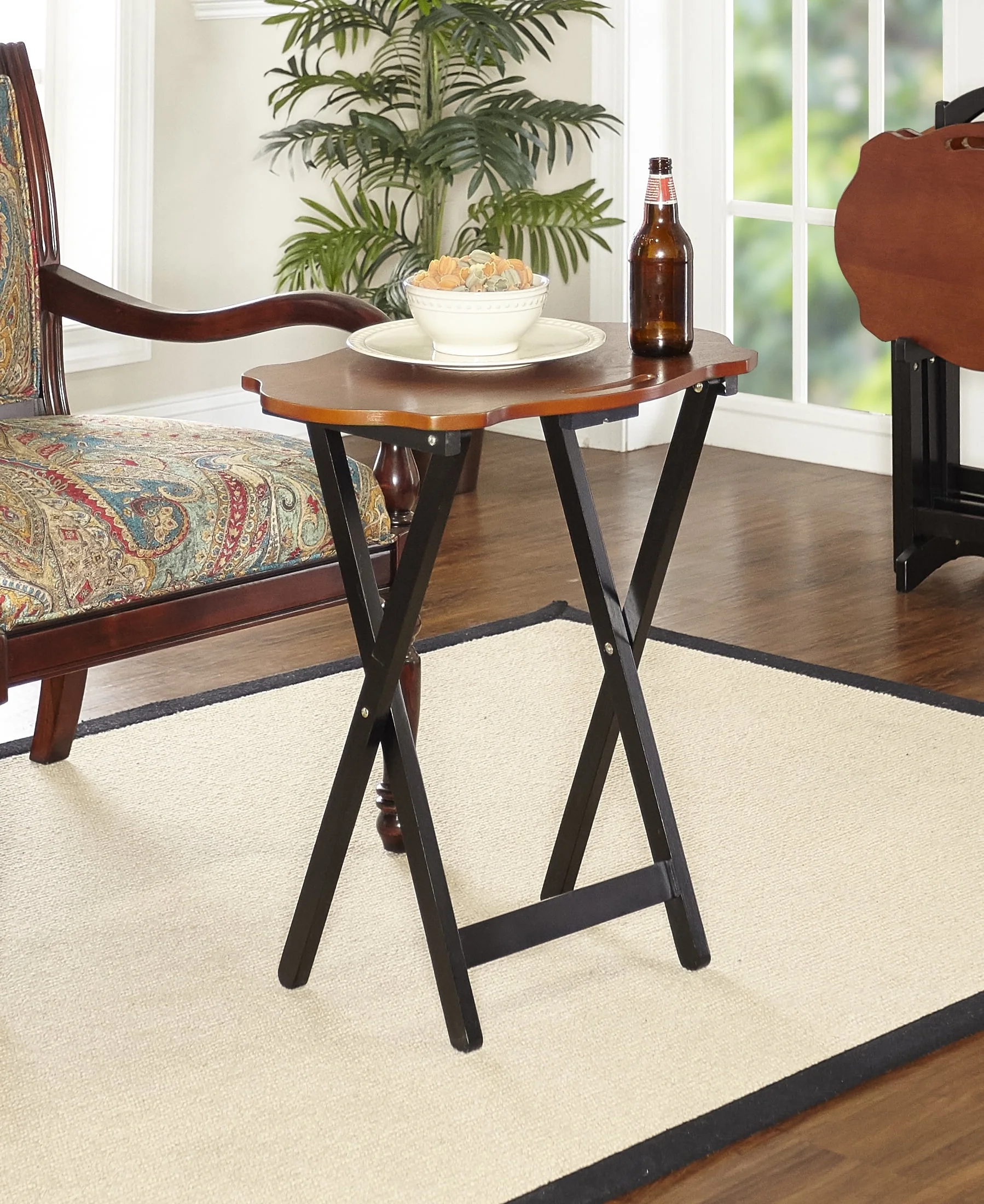 Powell Serpentine 5-Piece Indoor Folding Side Table, Snack, or TV Tray Set with Stand, 26" Tall, Hazelnut/Black