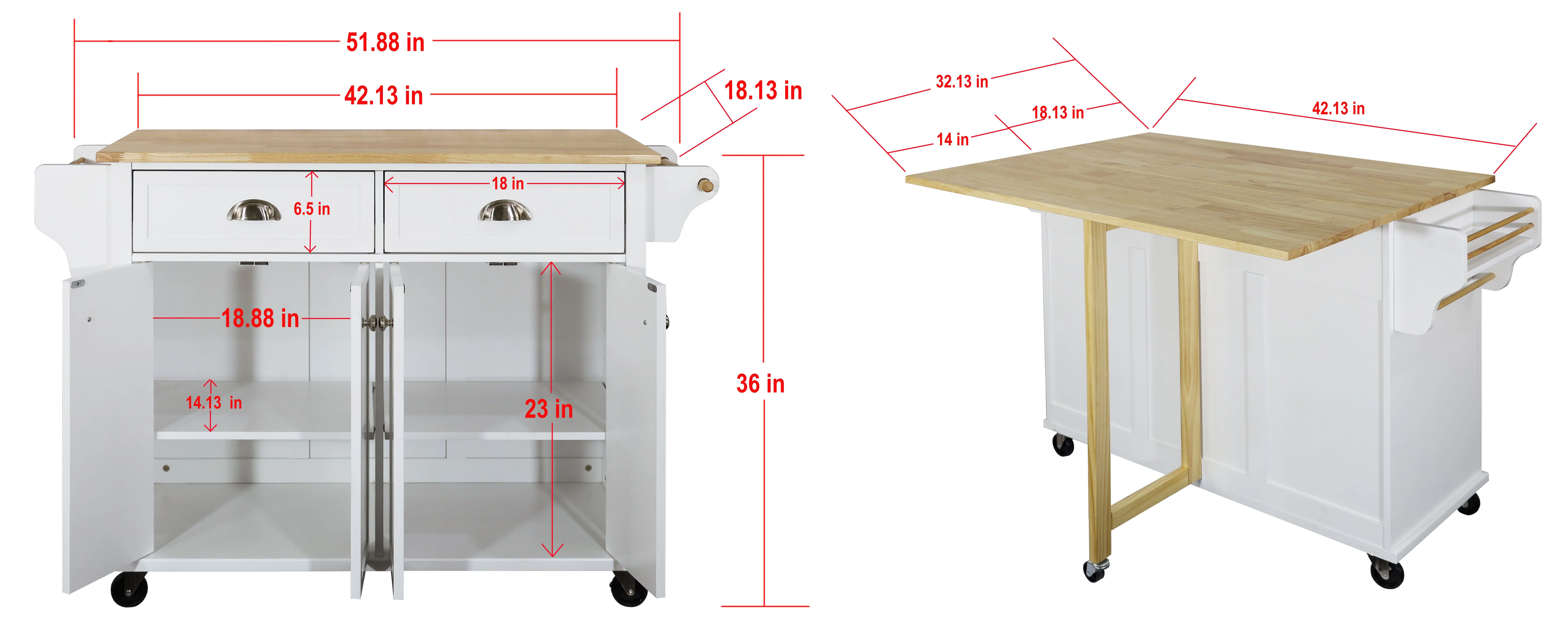 Rolling Kitchen Island Cart with Large Storage Cabinet on Wheels, Solid Rubberwood Countertop with Drop Leaf, Greenguard Gold Certified, 4-Droors