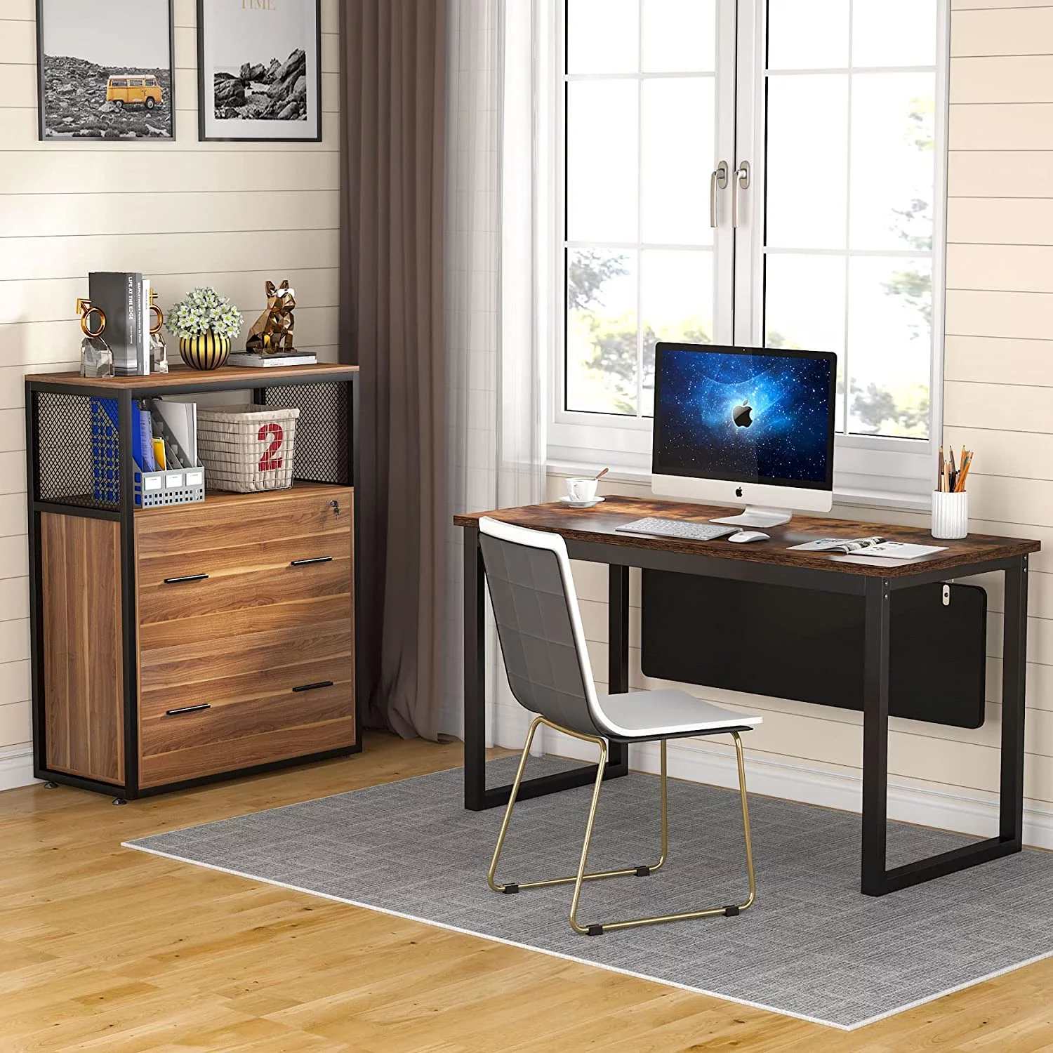2-Drawer Lateral File Cabinets Legal Size, Large Filing Cabinet with Lock, Printer Stand with Open Storage Shelves for Study, Home Office (Walnut)