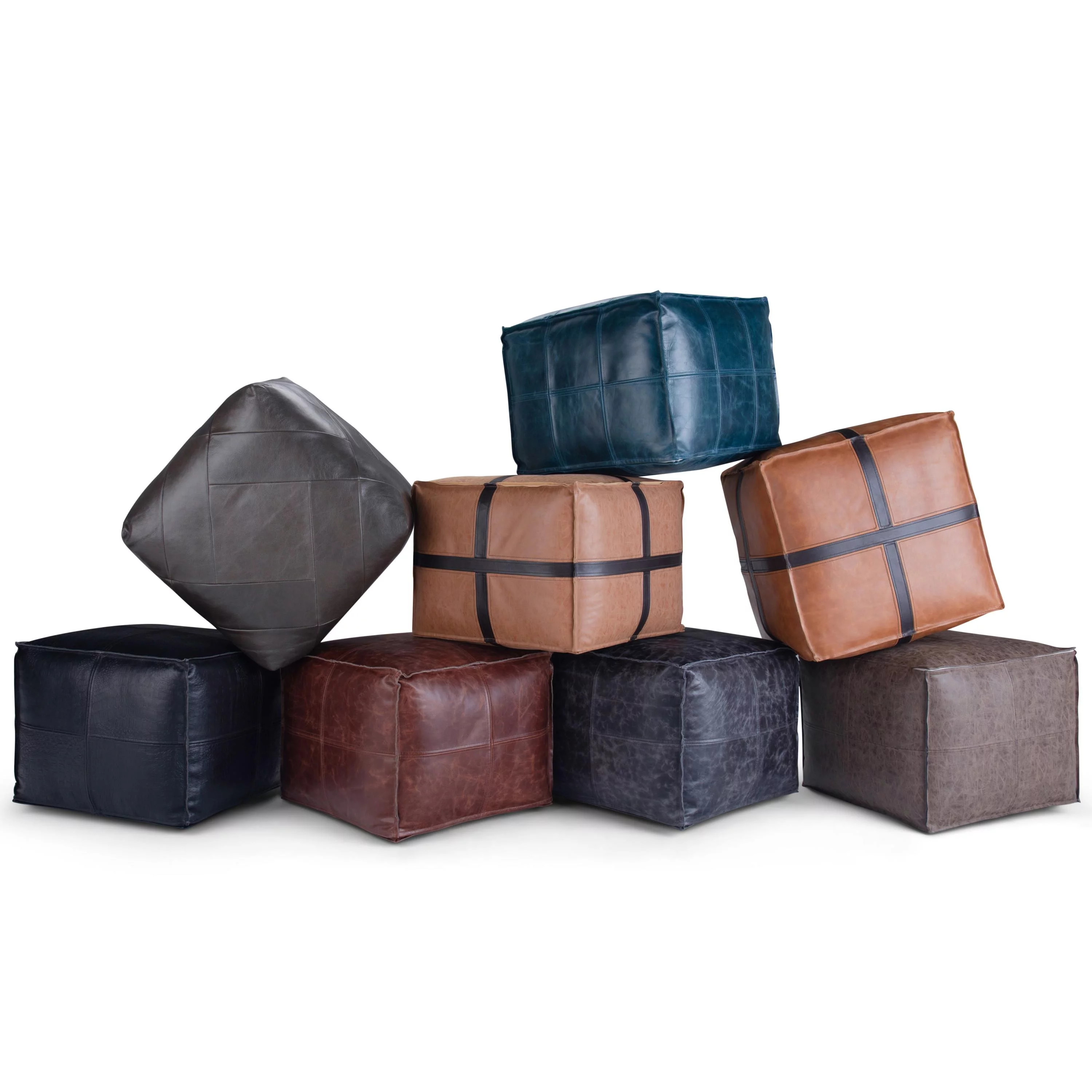 Sheffield Boho Square Pouf in Brown Genuine Leather