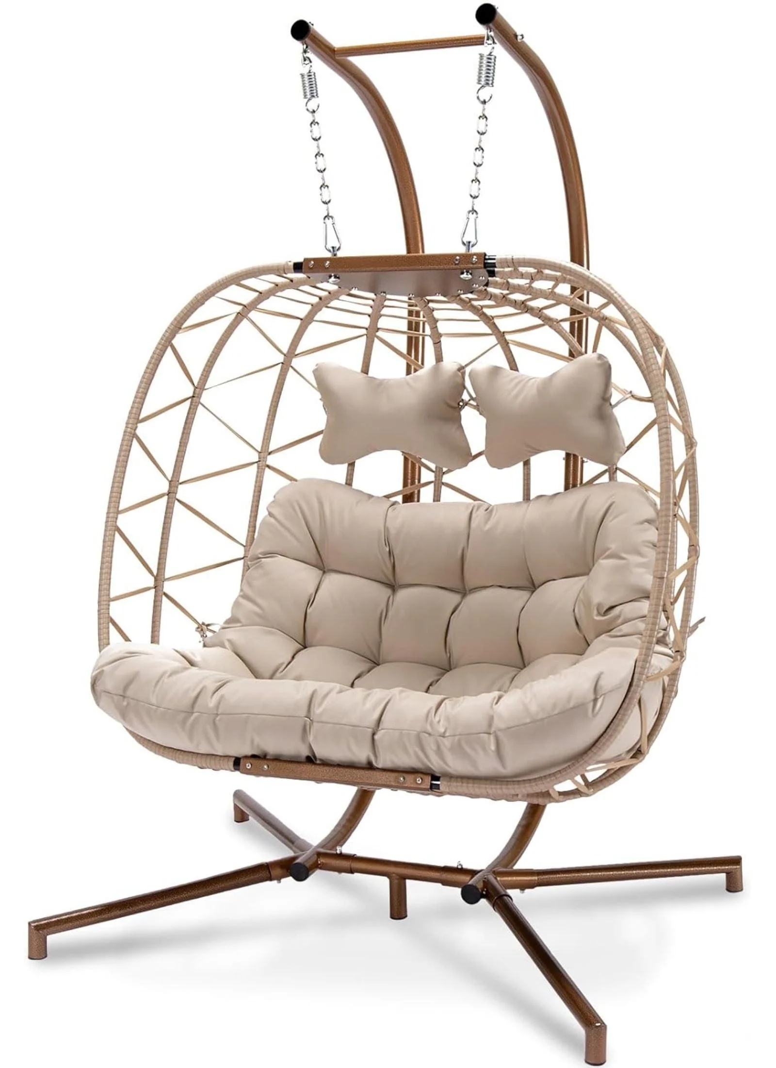 NICESOUL Beige Double Egg Chair With Stand, Wicker Luxury Patio Loveseat For Two Persons, 500 lbs Max weight - Radiant Selections
