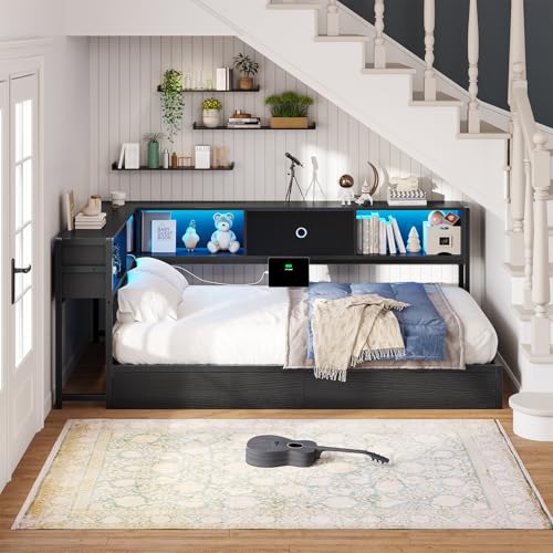 Hasuit Corner Bed Frame with Storage Bookcase, Twin Daybed with Storage Drawers Underneath, Kids Bed Unit with Charging Station and LED Light