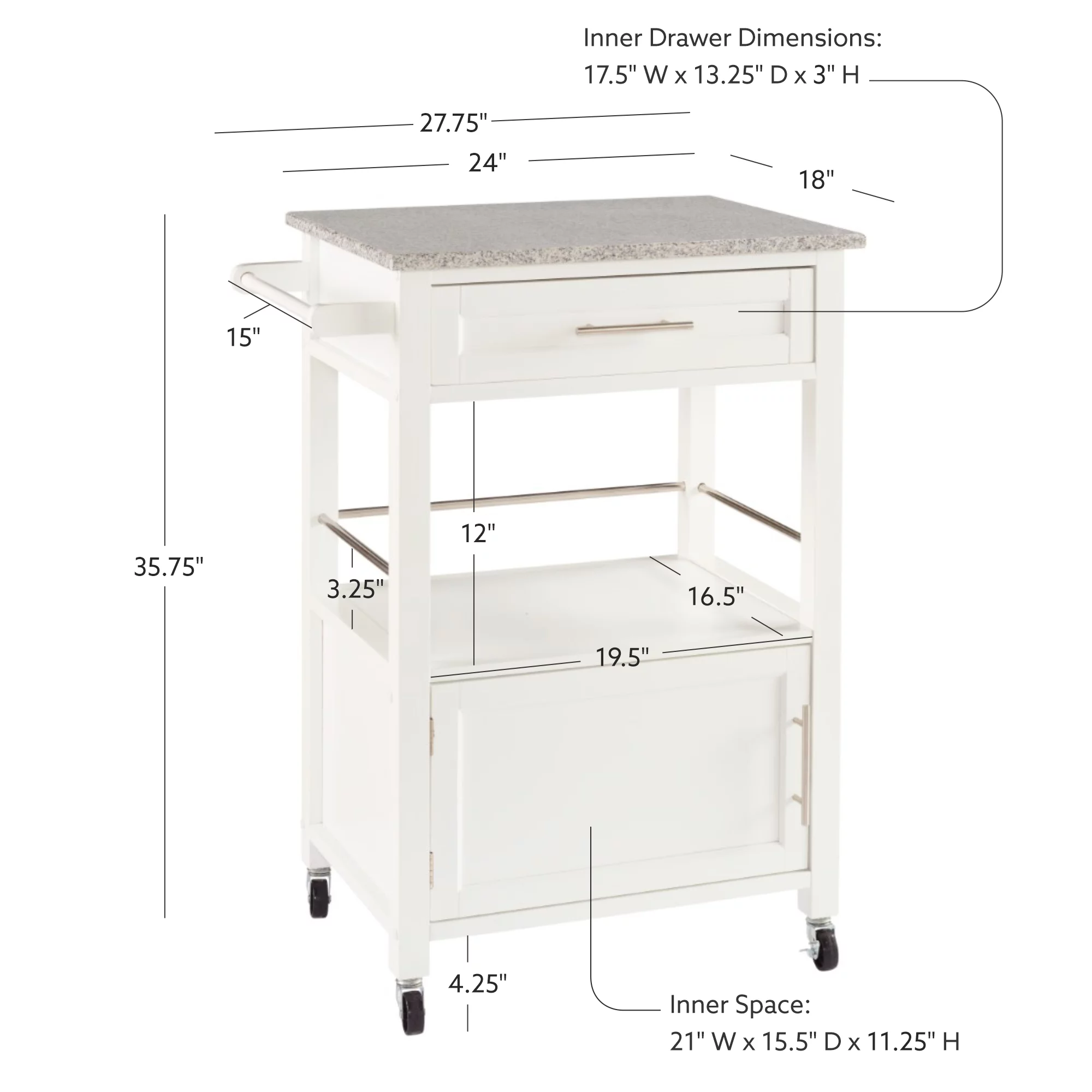 Linon Mitchell Wood Granite Top Kitchen Cart in White