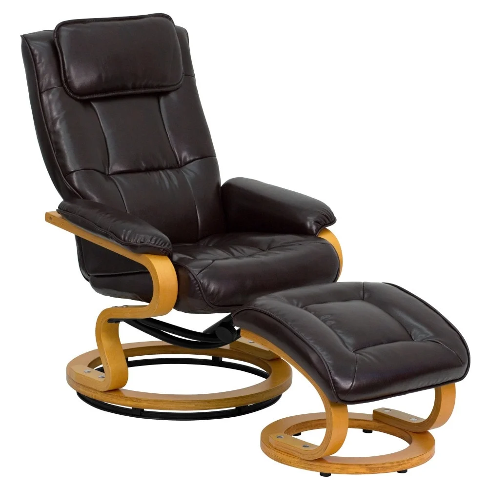 Flash Furniture Contemporary Multi-Position Recliner and Ottoman with Swivel Maple Wood Base Brown Pushback Recline