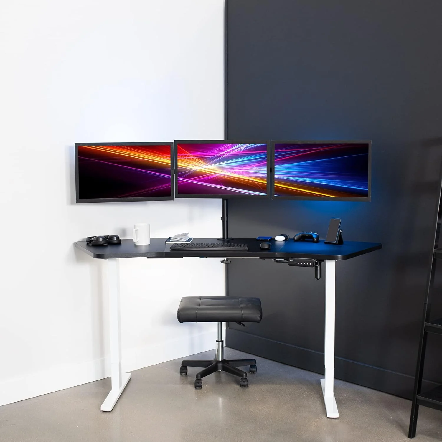 Electric Height Adjustable 71 X 24 Inch Wing-Shaped Stand Up Desk, Complete Active Corner Standing Workstation With Black Table Top, White Frame