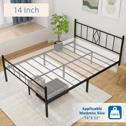 Full Size Bed Frame, 14 Inch Metal Platform Bed with Iron-Art Headboard & Footboard, Classic Bed Frame with Heavy Duty Metal Slats Support