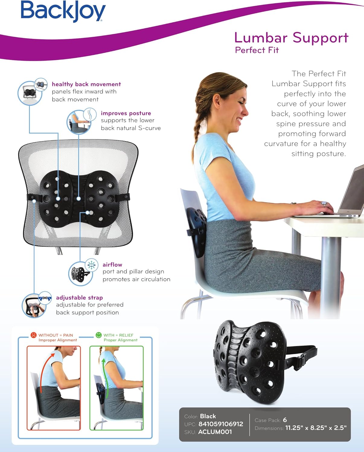 BackJoy SitzRight Wedge Seat Cushion Lumbar Support, Designed for Spine and Lower Back Pain, Coccyx, Sciatica, Ergonomic, Adjustable, Breathable