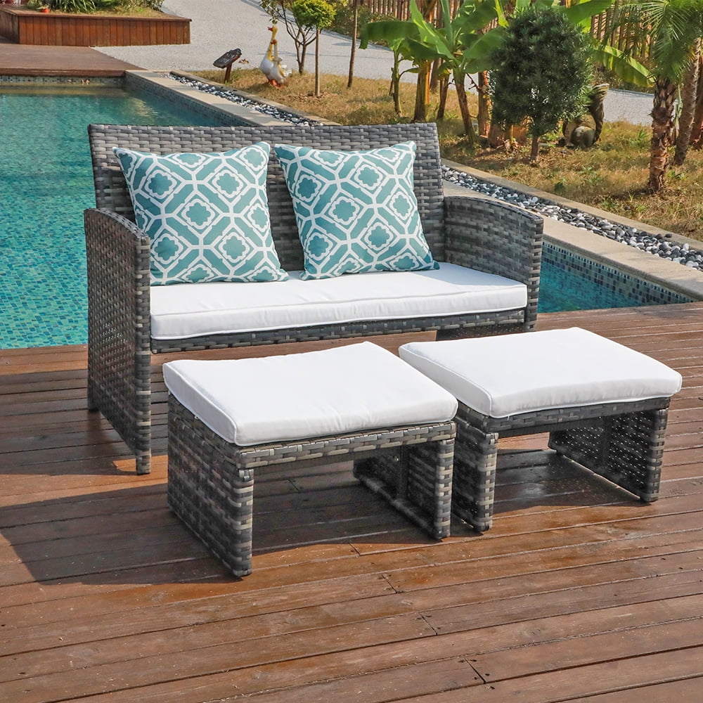 Outdoor Loveseat Patio Furniture Rattan Conversation Set with Ottoman, White Cushions, Grey Wicker, Pillows Included