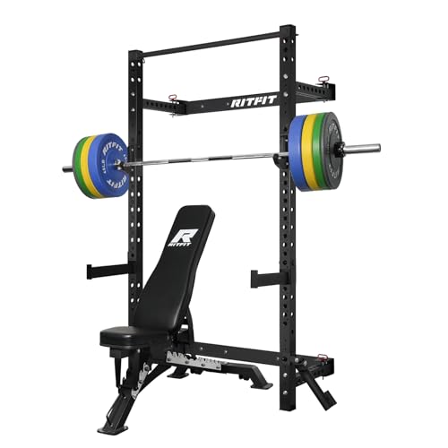 RitFit Multi-Functional Folding Squat Rack for Home Gym, 2.36'' x 2.36'' Wall Mounted Squat Rack with Attachments - Space Saving Squat Power Rack