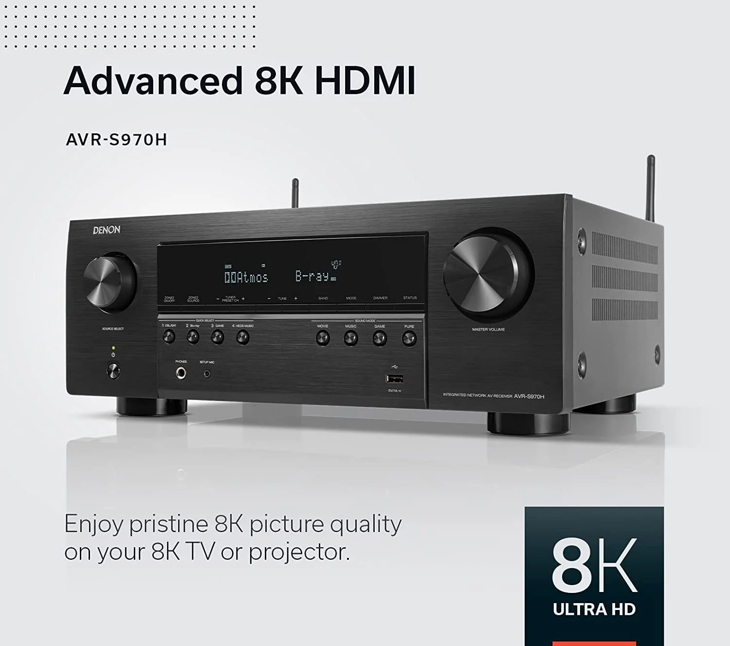 Restored Denon AVRS970H 7.2 Channel 8K AV Home Theater Receiver with Dolby Atmos, DTS: X, Wi-Fi, Bluetooth, Apple AirPlay