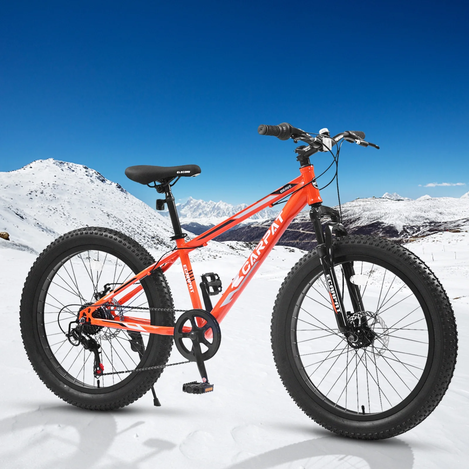 S24109 Elecony 24 Inch Fat Tire Bike Adult/Youth Full Shimano 7 Speeds Mountain Bike, Dual Disc Brake, High-Carbon Steel Frame, Front Suspension