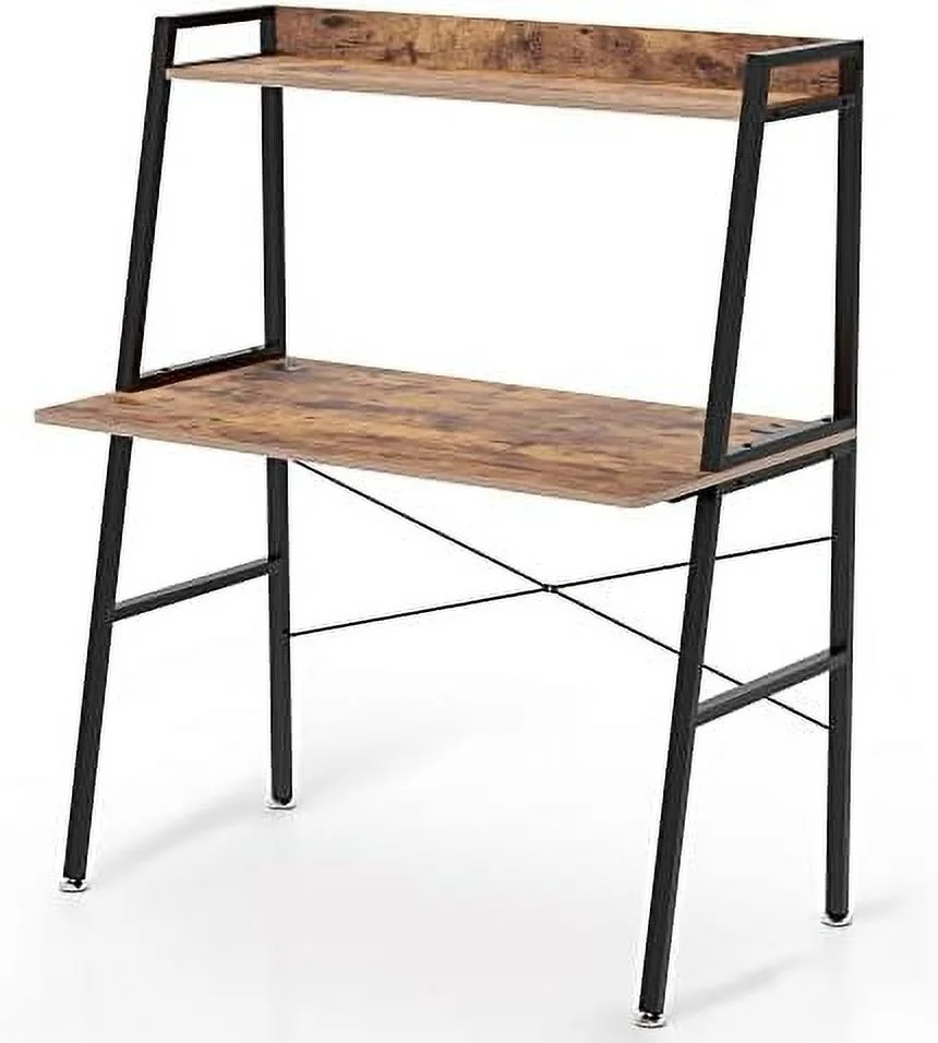 Small Computer Ladder Desk with  Shelves  43 Inch 2-Tier  Office Students Study Writing PC Gaming Table with Bookshelf  Workstation for Space Saving