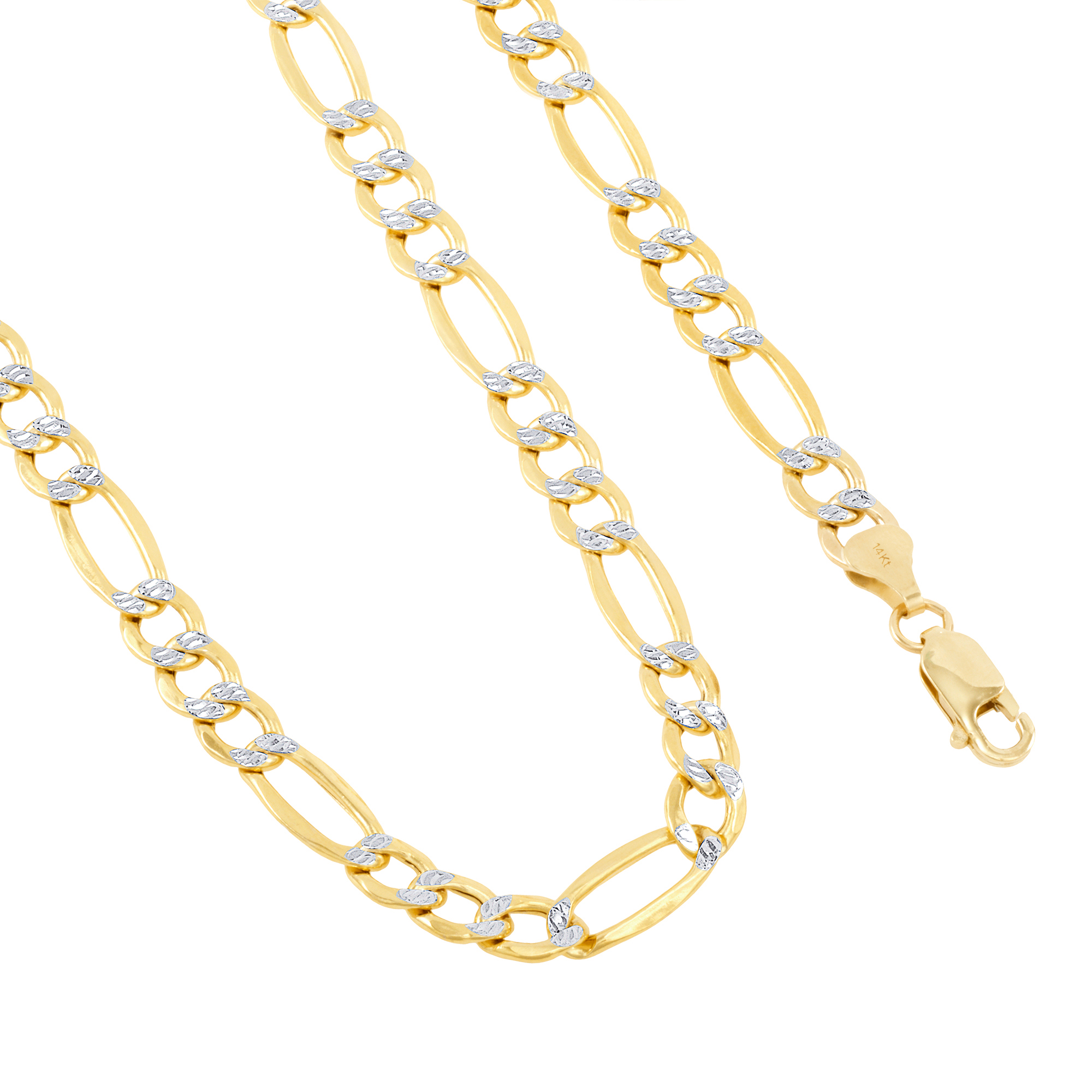 Nuragold 14k Yellow Gold Solid 7.5mm Figaro Chain Link Diamond Cut Pave Two Tone Necklace, Mens Jewelry 20" - 30"