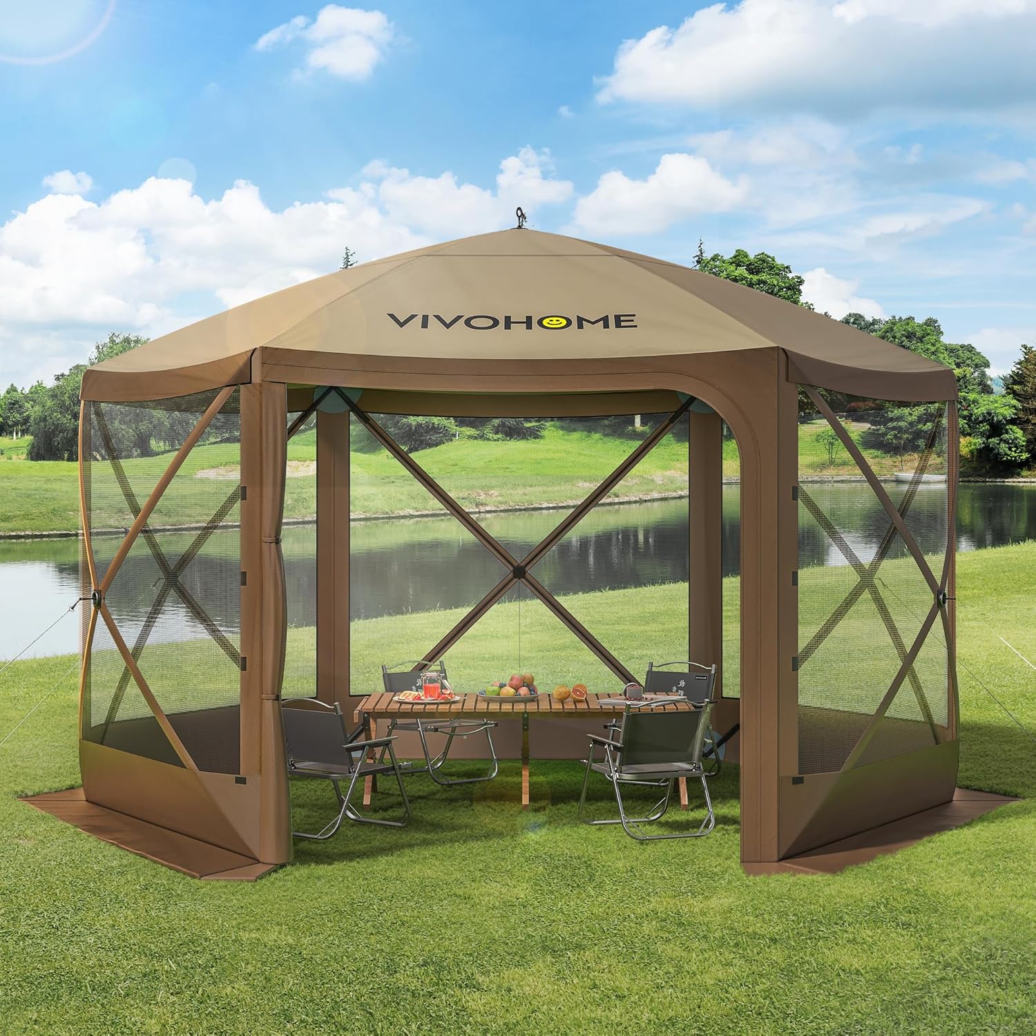 VIVOHOME 12x12ft Pop-Up Gazebo Screen Tent, 6-Sided Instant Outdoor Canopy Shelter with Large Main Door with VIVOHOME 10x10ft Easy Pop-Up Canopy